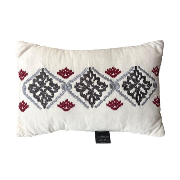 Cuddleduds Embroidered Decorative Pillow 12"x18" Ivory W/ Red & Gray  Design Sof - Picture 2 of 6